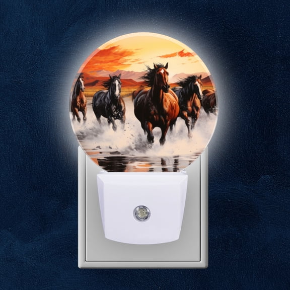 Night Light Plug into Wall,Dusk to Dawn Sensor Auto-On/Off for Bathroom, Hallway,Kids Room-Black And Chestnut Horses Running Through The Wate At Sunset