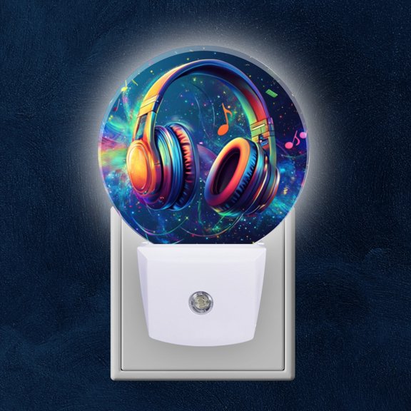 Night Light Plug into Wall,Dusk to Dawn Sensor Auto-On/Off for Bathroom, Hallway,Kids Room-Colorful Headphones With Musical Notes And Vibrant Background