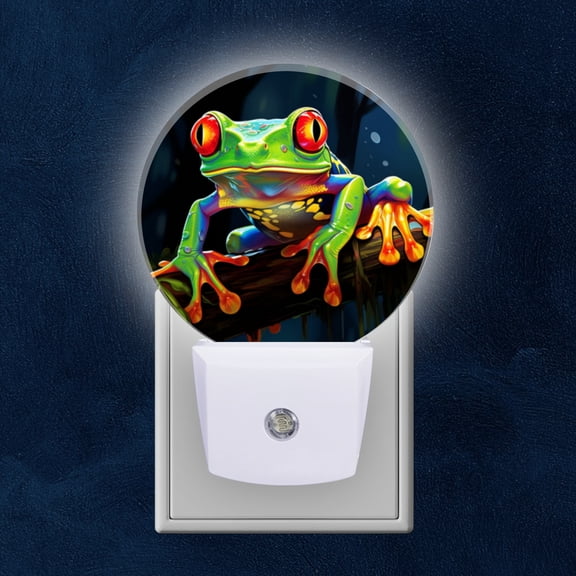 Night Light Plug into Wall,Dusk to Dawn Sensor Auto-On/Off for Bathroom, Hallway,Kids Room-Colorful Red-Eyed Tree Frog On Branch With Fantasy Background