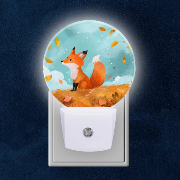 Night Light Plug into Wall,Dusk to Dawn Sensor Auto-On/Off for Bathroom, Hallway,Kids Room-Cute Cartoon Fox In Autumn Landscape And Surrounded By Falling Leaves