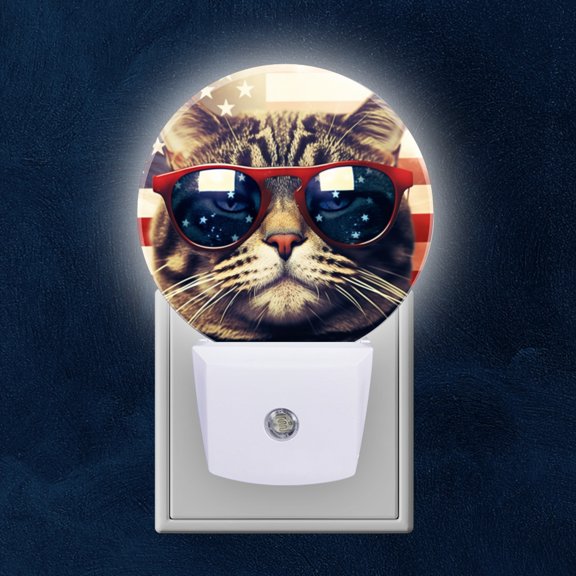 Night Light Plug into Wall,Dusk to Dawn Sensor Auto-On/Off for Bathroom, Hallway,Kids Room-Cute Cat Wearing Red Sunglasses With The American Flag In The Background