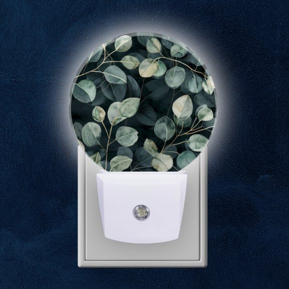 Night Light Plug into Wall,Dusk to Dawn Sensor Auto-On/Off for Bathroom, Hallway,Kids Room-Eucalyptus Leaves In The Style Of Watercolor On Dark Background
