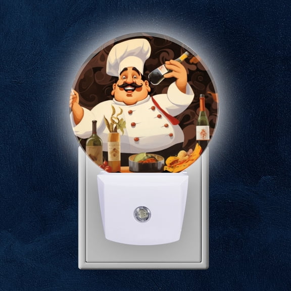 Night Light Plug into Wall,Dusk to Dawn Sensor Auto-On/Off for Bathroom, Hallway,Kids Room-Fat Happy Chef With Mustache Holding Wine Bottle And Fork In Front