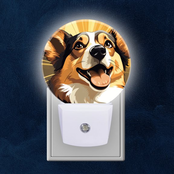 Night Light Plug into Wall,Dusk to Dawn Sensor Auto-On/Off for Bathroom, Hallway,Kids Room-Happy Corgi Dog With Yellow Rays Of Light In The Background