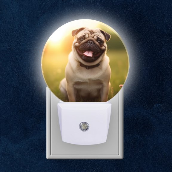 Night Light Plug into Wall,Dusk to Dawn Sensor Auto-On/Off for Bathroom, Hallway,Kids Room-Happy Smiling Pug Dog Sitting On The Grass With Beautiful Sunlight
