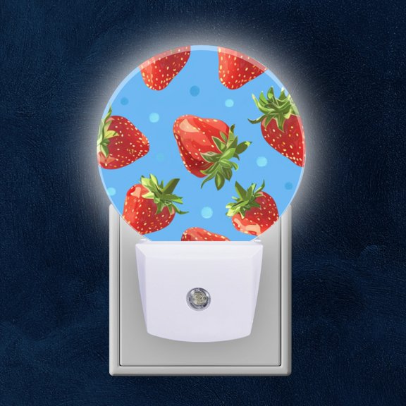 Night Light Plug into Wall,Dusk to Dawn Sensor Auto-On/Off for Bathroom, Hallway,Kids Room-Seamless Pattern Of Vibrant Red Strawberries On Blue Background