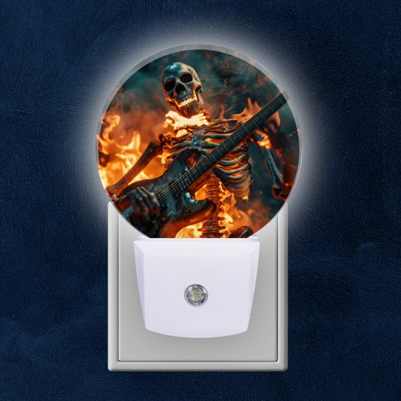 Night Light Plug into Wall,Dusk to Dawn Sensor Auto-On/Off for Bathroom, Hallway,Kids Room-Skeleton Playing Electric Guitar Surrounded By Flames And Smoke