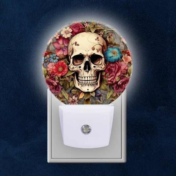 Night Light Plug into Wall,Dusk to Dawn Sensor Auto-On/Off for Bathroom, Hallway,Kids Room-Skull Surrounded By Flowers In The Background Intricate Floral Pattern