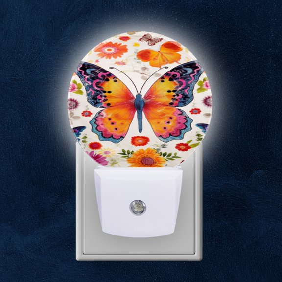Night Light Plug into Wall,Dusk to Dawn Sensor Auto-On/Off for Bathroom, Hallway,Kids Room-Vibrant Butterfly Print On White Adorned With Colorful Flowers