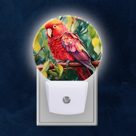 Night Light Plug into Wall,Dusk to Dawn Sensor Auto-On/Off for Bathroom, Hallway,Kids Room-Vibrant Red Parrot With Yellow Feathers Perched On The Branch