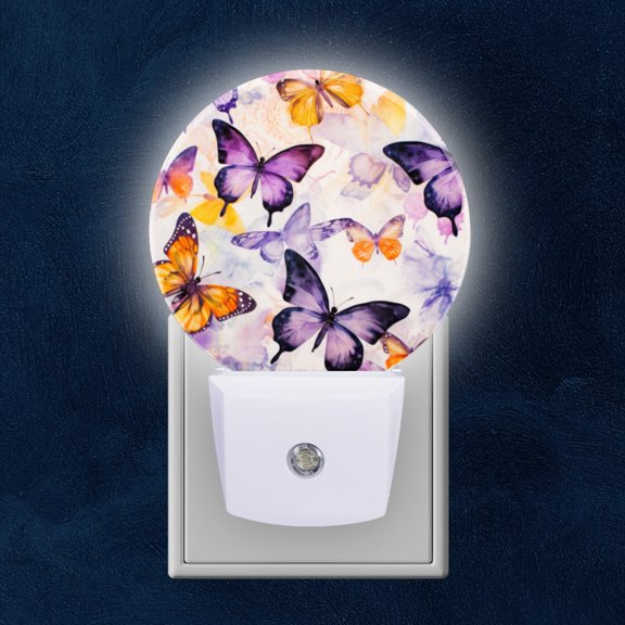 Night Light Plug into Wall,Dusk to Dawn Sensor Auto-On/Off for Bathroom, Hallway,Kids Room-Vibrant Watercolor Pattern Of Purple And Orange Butterflies