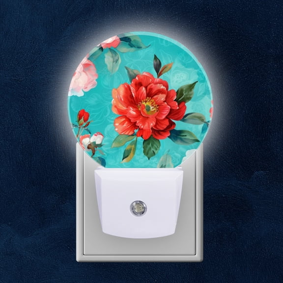 Night Light Plug into Wall,Dusk to Dawn Sensor Auto-On/Off for Bathroom, Hallway,Kids Room-Vintage Floral Pattern Of Teal Background With Red And Pink Peonies