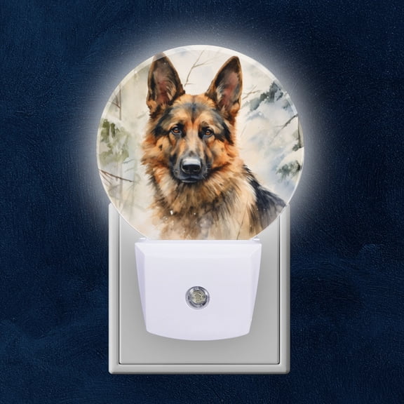 Night Light Plug into Wall,Dusk to Dawn Sensor Auto-On/Off for Bathroom, Hallway,Kids Room-Watercolor Painting Of Elegant German Shepherd In Winter Forest
