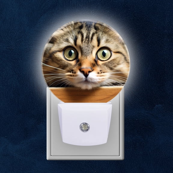 Night Light Plug into Wall,Dusk to Dawn Sensor Auto-On/Off for Bathroom, Hallway,Kids Room-Adorable Cat'S Face Peering Over The Edge Of Wooden Table