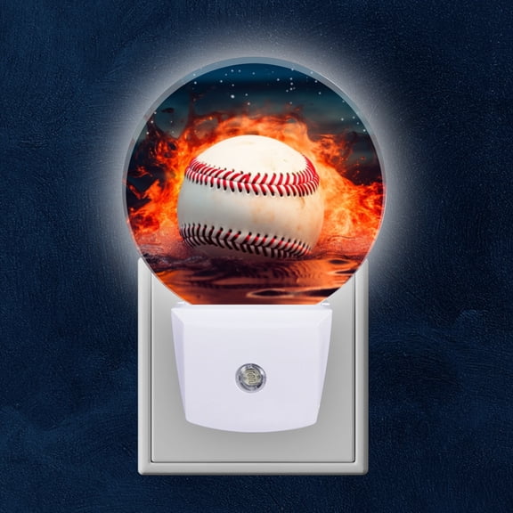 Night Light Plug into Wall,Dusk to Dawn Sensor Auto-On/Off for Bathroom, Hallway,Kids Room-Baseball In Fire And Splashing Water