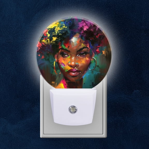 Night Light Plug into Wall,Dusk to Dawn Sensor Auto-On/Off for Bathroom, Hallway,Kids Room-Beautiful Black Woman With Colorful Afro Hairstyle