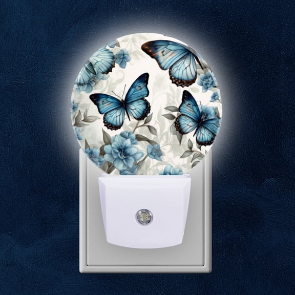 Night Light Plug into Wall,Dusk to Dawn Sensor Auto-On/Off for Bathroom, Hallway,Kids Room-Beautiful Blue Butterflies And Floral Pattern