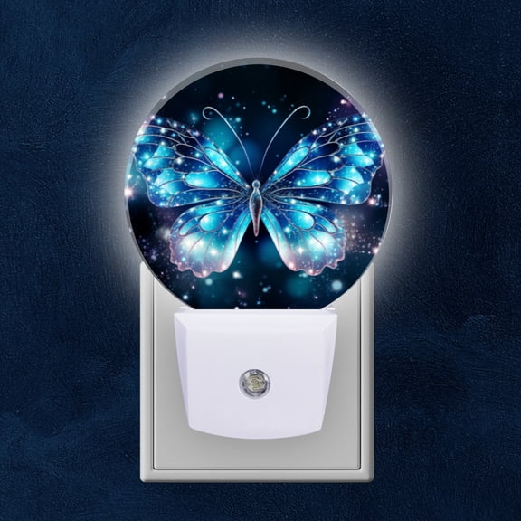 Night Light Plug into Wall,Dusk to Dawn Sensor Auto-On/Off for Bathroom, Hallway,Kids Room-Beautiful Blue Butterfly With Glittering Wings