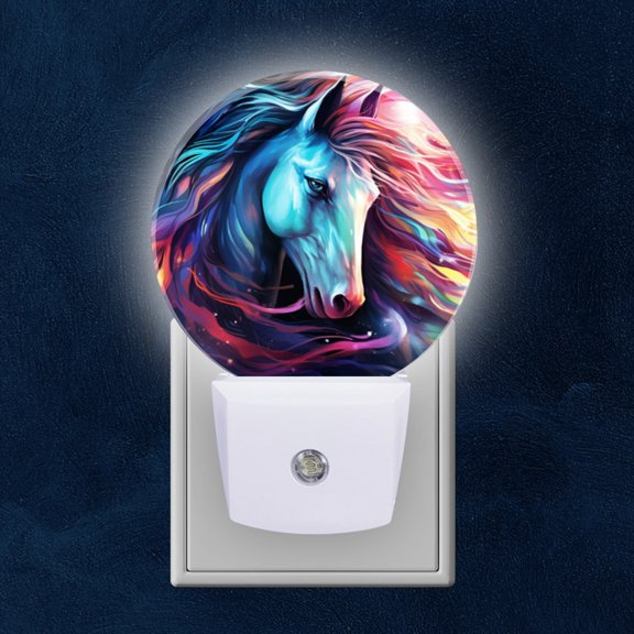 Night Light Plug into Wall,Dusk to Dawn Sensor Auto-On/Off for Bathroom, Hallway,Kids Room-Beautiful Horse With Long Flowing Colorful Mane