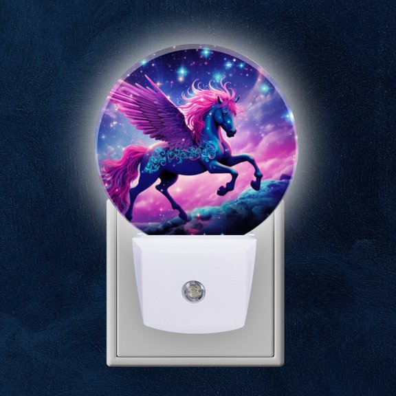 Night Light Plug into Wall,Dusk to Dawn Sensor Auto-On/Off for Bathroom, Hallway,Kids Room-Beautiful Pink And Blue Pegasus In The Sky With Stars