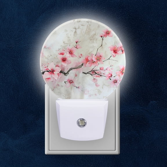 Night Light Plug into Wall,Dusk to Dawn Sensor Auto-On/Off for Bathroom, Hallway,Kids Room-Beautiful Pink Cherry Blossom Painting On Textured Paper