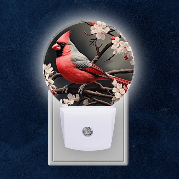 Night Light Plug into Wall,Dusk to Dawn Sensor Auto-On/Off for Bathroom, Hallway,Kids Room-Beautiful Red Male Cardinal Perched On Cherry Blossom Tree