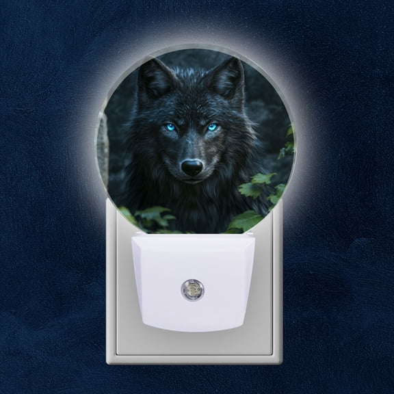 Night Light Plug into Wall,Dusk to Dawn Sensor Auto-On/Off for Bathroom, Hallway,Kids Room-Black Wolf With Blue Eyes Fantasy Art Style
