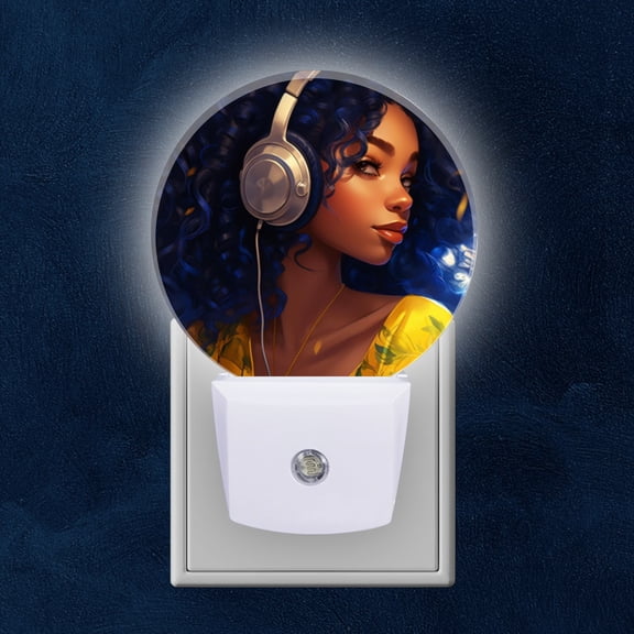 Night Light Plug into Wall,Dusk to Dawn Sensor Auto-On/Off for Bathroom, Hallway,Kids Room-Black Woman With Big Curly Hair Wearing Headphones