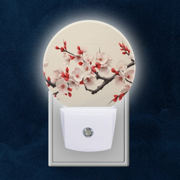 Night Light Plug into Wall,Dusk to Dawn Sensor Auto-On/Off for Bathroom, Hallway,Kids Room-Blooming Plum Blossom Branch With Red And White Flowers