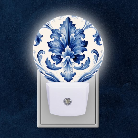 Night Light Plug into Wall,Dusk to Dawn Sensor Auto-On/Off for Bathroom, Hallway,Kids Room-Blue And White Pattern Hand-Painted Watercolor Style