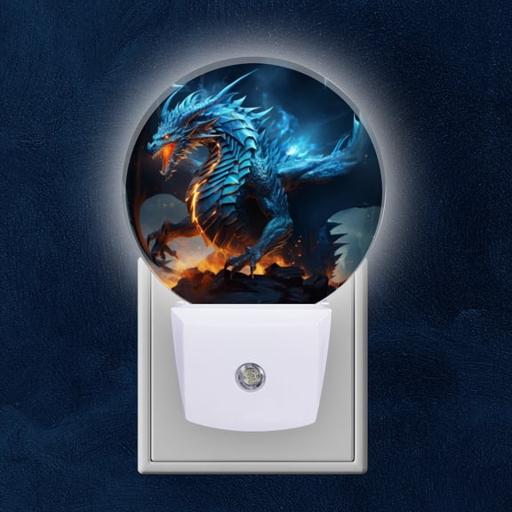 Night Light Plug into Wall,Dusk to Dawn Sensor Auto-On/Off for Bathroom, Hallway,Kids Room-Blue Dragon With Glowing Wings And Fiery Breath