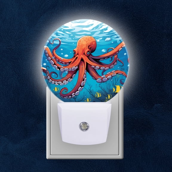 Night Light Plug into Wall,Dusk to Dawn Sensor Auto-On/Off for Bathroom, Hallway,Kids Room-Cartoon Illustration Of Octopus Swimming In The Ocean