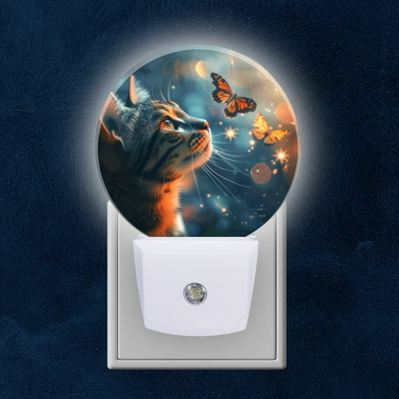 Night Light Plug into Wall,Dusk to Dawn Sensor Auto-On/Off for Bathroom, Hallway,Kids Room-Cat Gazing At Butterflies In The Sky