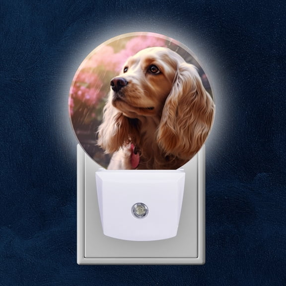 Night Light Plug into Wall,Dusk to Dawn Sensor Auto-On/Off for Bathroom, Hallway,Kids Room-Cocker Spaniel Dog In The Garden With Pink Flowers