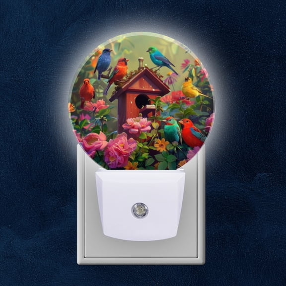 Night Light Plug into Wall,Dusk to Dawn Sensor Auto-On/Off for Bathroom, Hallway,Kids Room-Colorful Birdhouse Surrounded By Vibrant Flowers