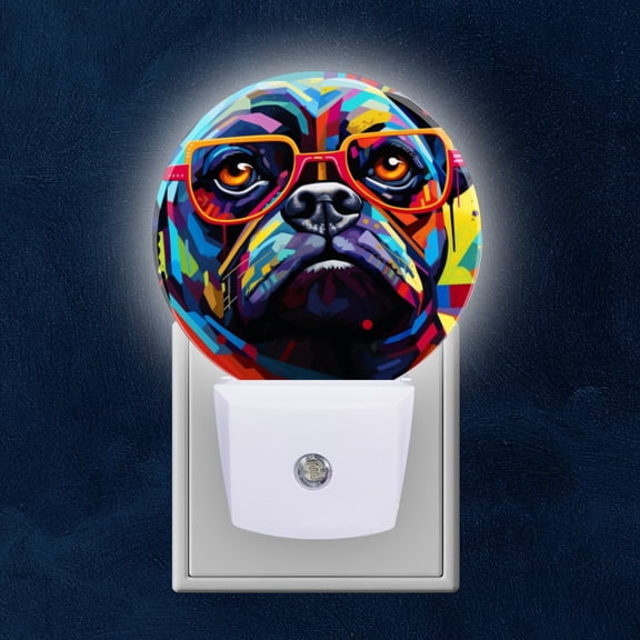 Night Light Plug into Wall,Dusk to Dawn Sensor Auto-On/Off for Bathroom, Hallway,Kids Room-Colorful Pug Wearing Glasses