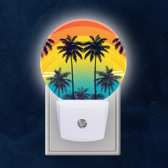 Night Light Plug into Wall,Dusk to Dawn Sensor Auto-On/Off for Bathroom, Hallway,Kids Room-Colorful Vector Illustration Of Palm Tree Silhouettes