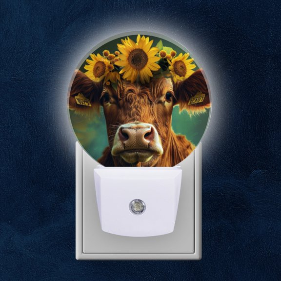 Night Light Plug into Wall,Dusk to Dawn Sensor Auto-On/Off for Bathroom, Hallway,Kids Room-Cow With Sunflowers On Head