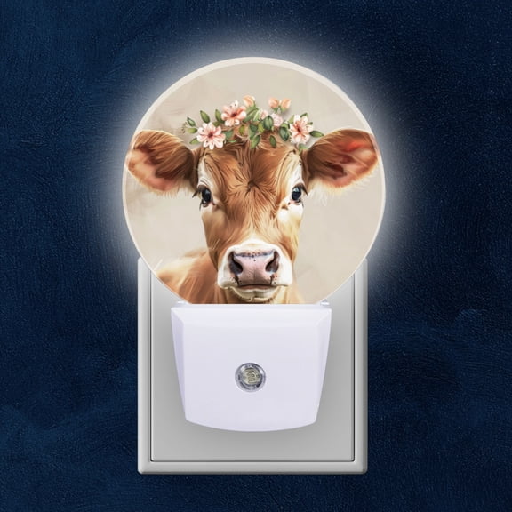 Night Light Plug into Wall,Dusk to Dawn Sensor Auto-On/Off for Bathroom, Hallway,Kids Room-Cute Baby Calf With Flower Crown On Head