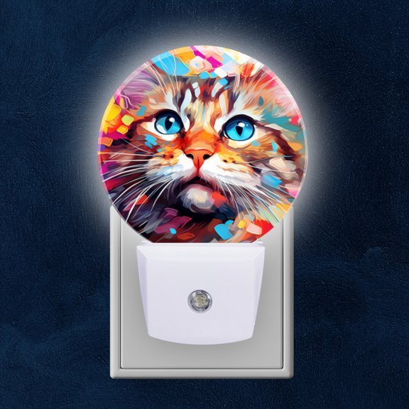 Night Light Plug into Wall,Dusk to Dawn Sensor Auto-On/Off for Bathroom, Hallway,Kids Room-Cute Cat Face In The Style Of Abstract Digital Art
