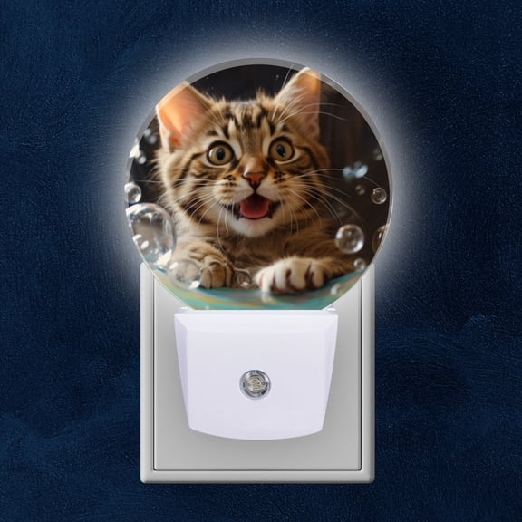 Night Light Plug into Wall,Dusk to Dawn Sensor Auto-On/Off for Bathroom, Hallway,Kids Room-Cute Cat Playing With Soap Bubbles In Colorful Bubble Tube