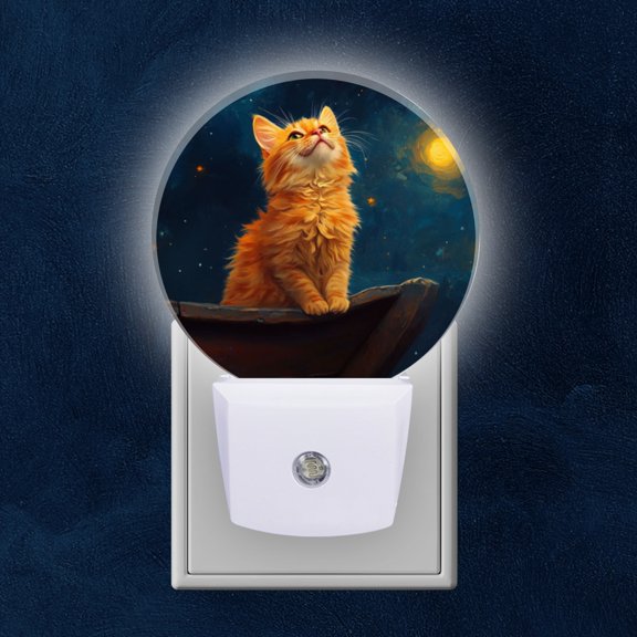 Night Light Plug into Wall,Dusk to Dawn Sensor Auto-On/Off for Bathroom, Hallway,Kids Room-Cute Cat Sitting On Ancient Ship