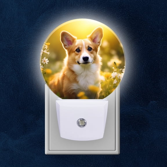 Night Light Plug into Wall,Dusk to Dawn Sensor Auto-On/Off for Bathroom, Hallway,Kids Room-Cute Corgi Dog Sitting In Sunlit Field Of Flowers