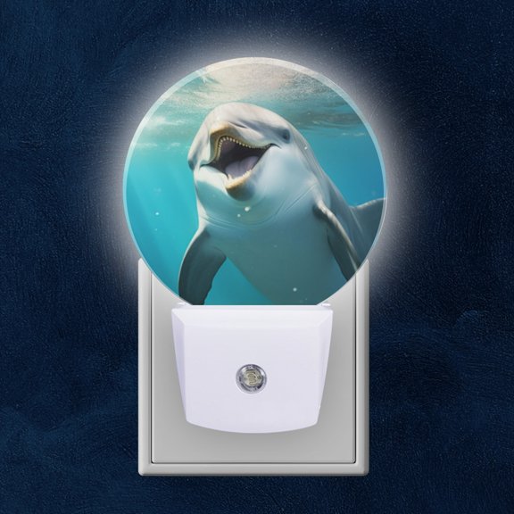 Night Light Plug into Wall,Dusk to Dawn Sensor Auto-On/Off for Bathroom, Hallway,Kids Room-Cute Dolphin Smiling And Standing Underwater