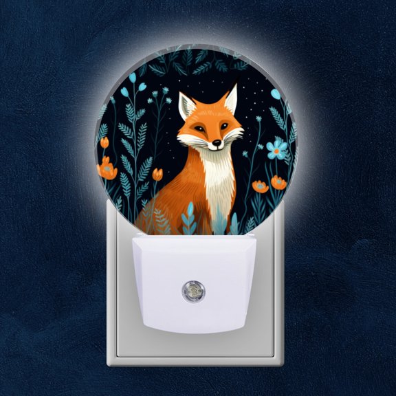 Night Light Plug into Wall,Dusk to Dawn Sensor Auto-On/Off for Bathroom, Hallway,Kids Room-Cute Fox In The Night Forest Surrounded By Flowers