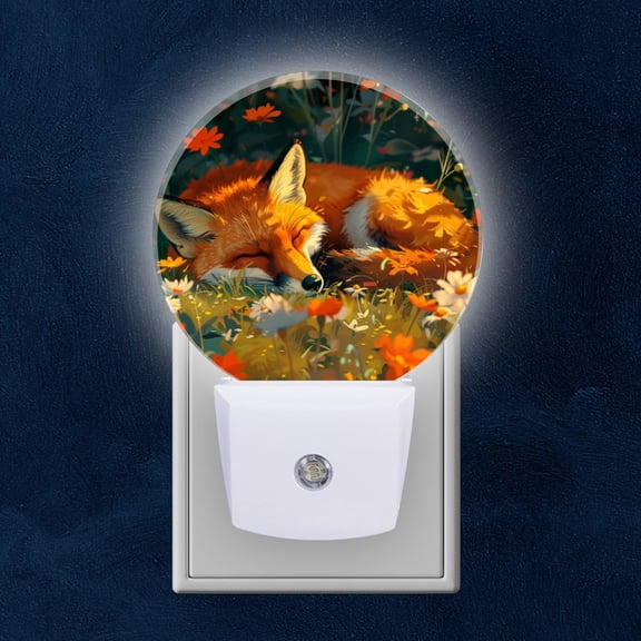 Night Light Plug into Wall,Dusk to Dawn Sensor Auto-On/Off for Bathroom, Hallway,Kids Room-Cute Fox Sleeping Among The Flowers With Warm Colors