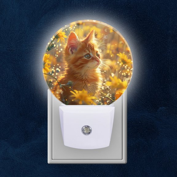 Night Light Plug into Wall,Dusk to Dawn Sensor Auto-On/Off for Bathroom, Hallway,Kids Room-Cute Ginger Kitten In The Midst Of Yellow Flowers