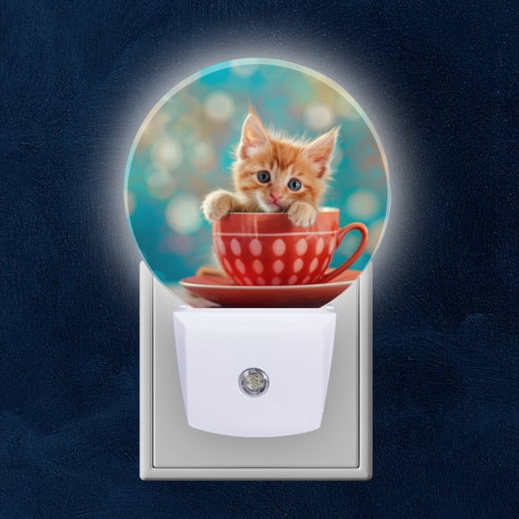 Night Light Plug into Wall,Dusk to Dawn Sensor Auto-On/Off for Bathroom, Hallway,Kids Room-Cute Kitten Sits In Coffee Mug