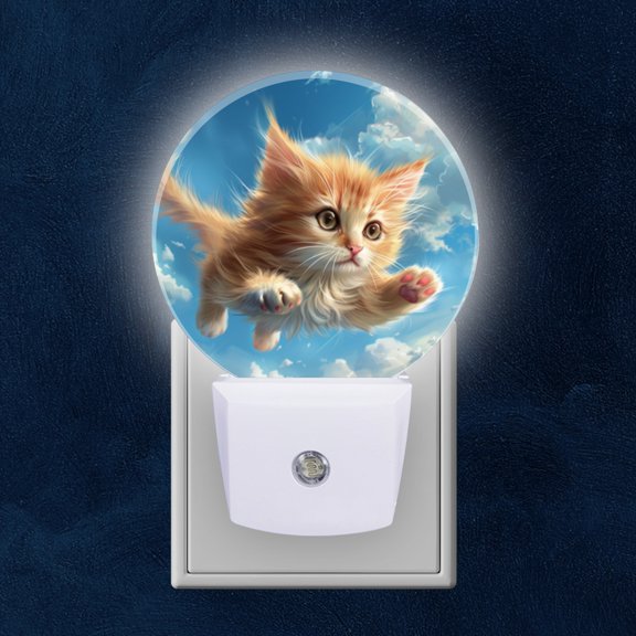 Night Light Plug into Wall,Dusk to Dawn Sensor Auto-On/Off for Bathroom, Hallway,Kids Room-Cute Little Orange Cat Flying In The Sky