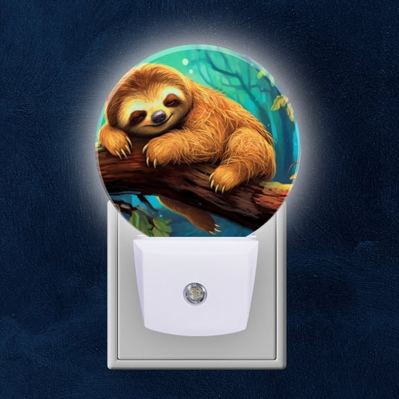 Night Light Plug into Wall,Dusk to Dawn Sensor Auto-On/Off for Bathroom, Hallway,Kids Room-Cute Sloth Sleeping On Tree Branch In The Forest